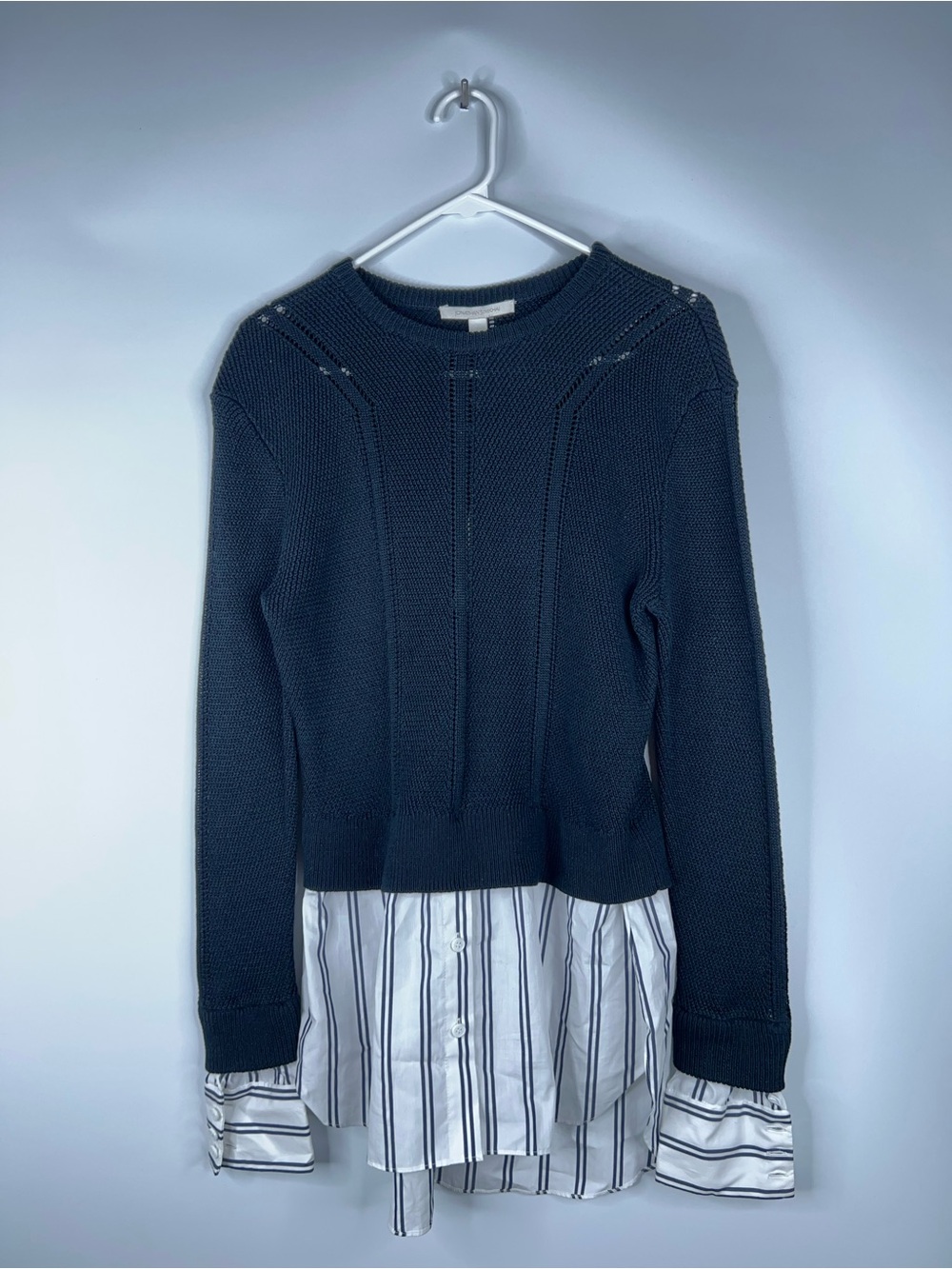 Jonathan Simkhai Navy Layered Knit Crewneck Sweater Striped Shirt Hem Two In One